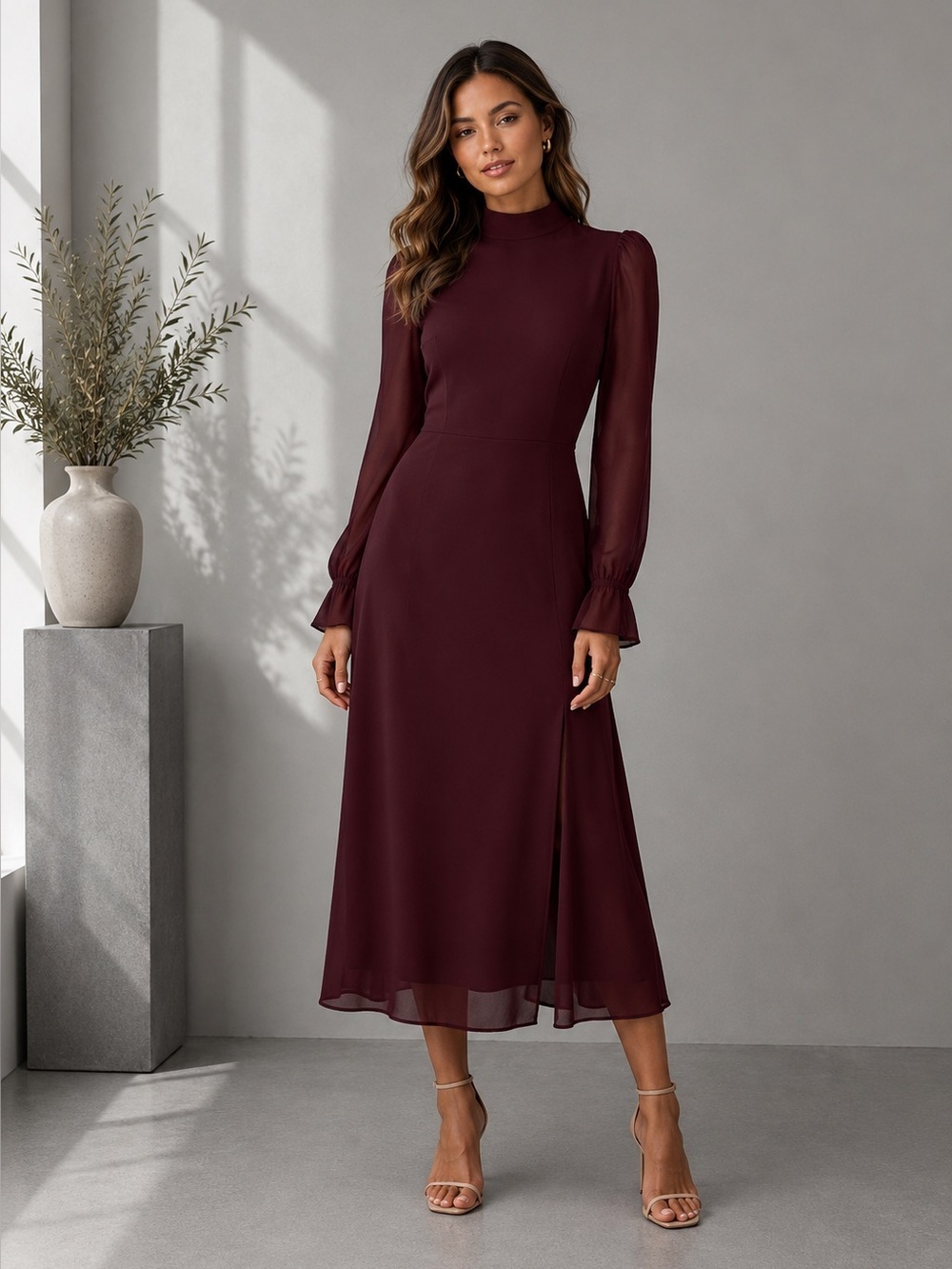 Reformation Stevi Long Sleeve Burgundy Dress Size 6 B1503